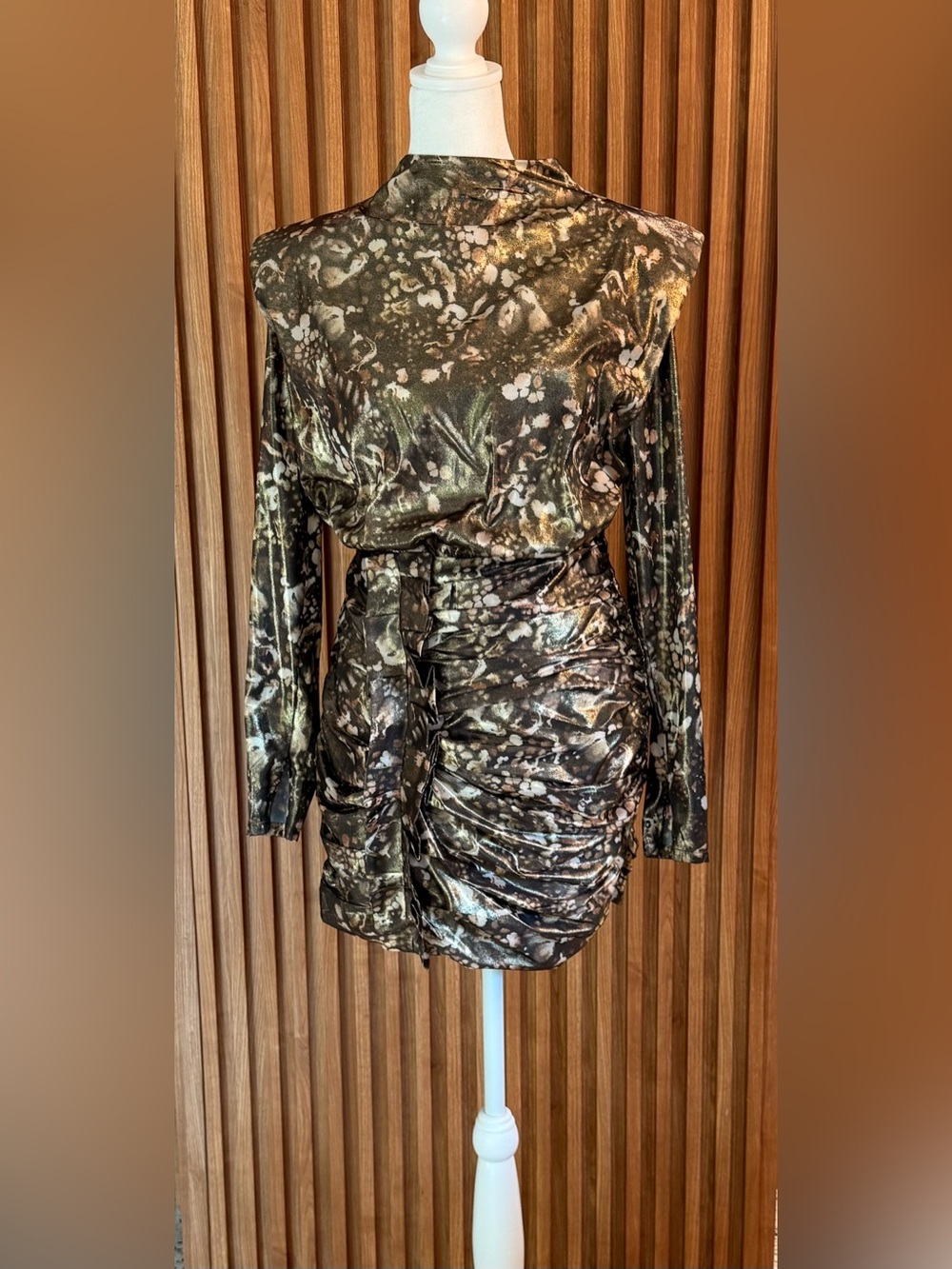 AllSaints Metallic Olive & Gold Ruched Long-Sleeve Dress